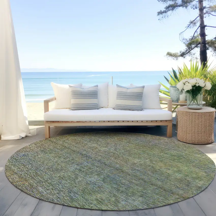 8' Green Gold And Charcoal Round Abstract Washable Indoor Outdoor Area Rug Photo 5