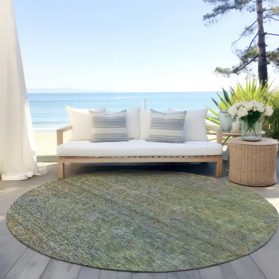 8' Green Gold And Charcoal Round Abstract Washable Indoor Outdoor Area Rug Photo 5