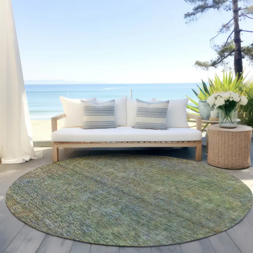 8' Green Gold And Charcoal Round Abstract Washable Indoor Outdoor Area Rug Photo 5