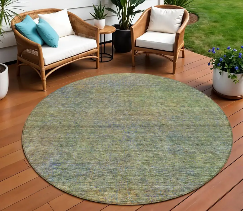 8' Green Gold And Charcoal Round Abstract Washable Indoor Outdoor Area Rug Photo 2