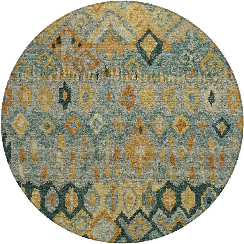 8' Green Gold And Copper Round Geometric Washable Indoor Outdoor Area Rug Photo 2