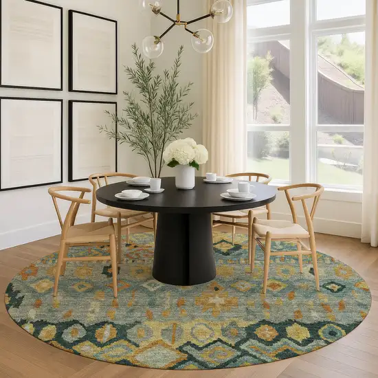 8' Green Gold And Copper Round Geometric Washable Indoor Outdoor Area Rug Photo 9