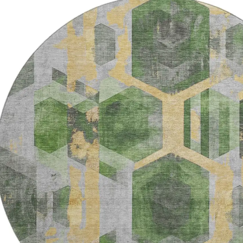 8' Green Gold And Gray Geometric Washable Round Rug With UV Protection Photo 2
