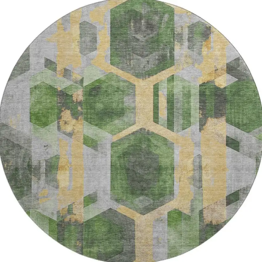8' Green Gold And Gray Geometric Washable Round Rug With UV Protection Photo 3