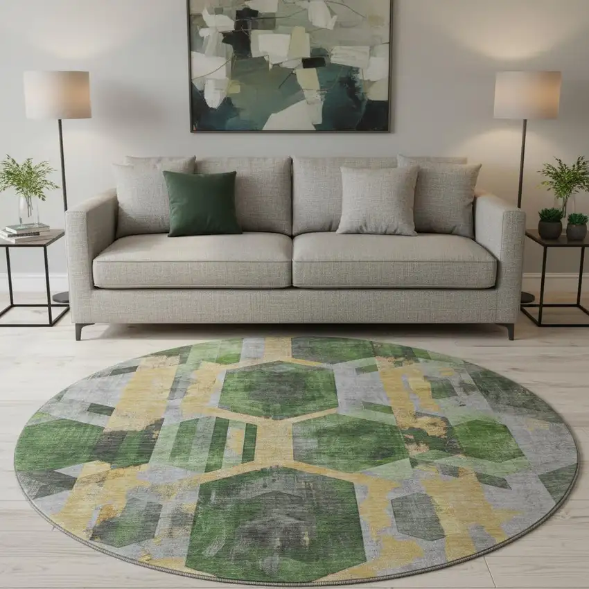 8' Green Gold And Gray Geometric Washable Round Rug With UV Protection Photo 2