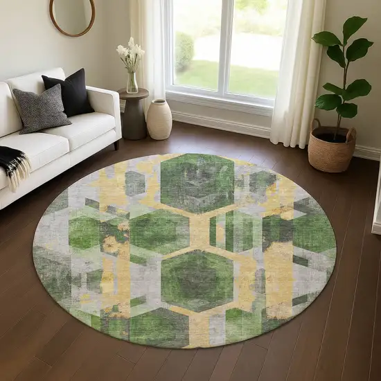 8' Green Gold And Gray Geometric Washable Round Rug With UV Protection Photo 4