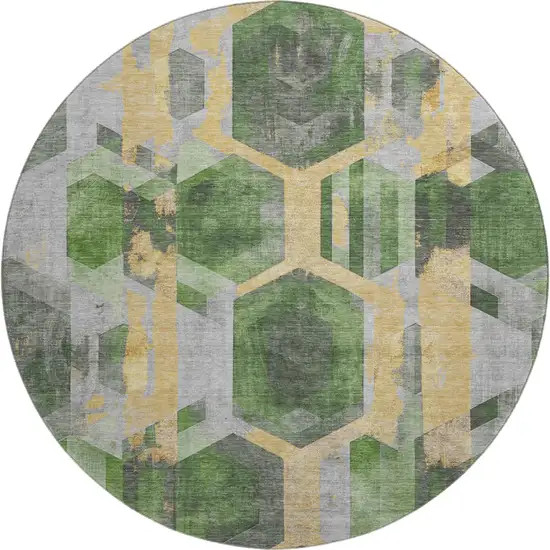 8' Green Gold And Gray Geometric Washable Round Rug With UV Protection Photo 1