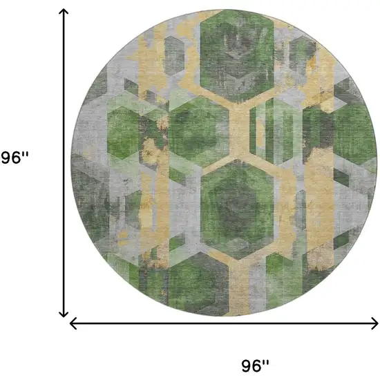 8' Green Gold And Gray Geometric Washable Round Rug With UV Protection Photo 9