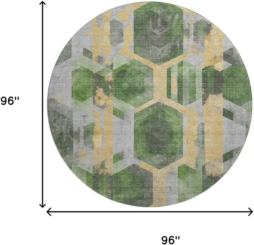 8' Green Gold And Gray Geometric Washable Round Rug With UV Protection Photo 9