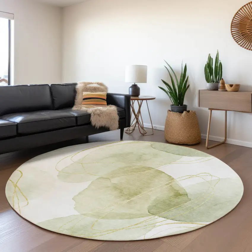 8' Green Gold And Ivory Abstract Washable Round Rug With UV Protection Photo 5