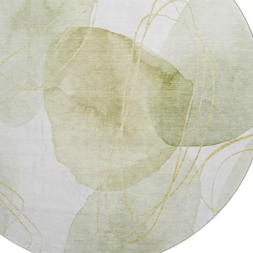 8' Green Gold And Ivory Abstract Washable Round Rug With UV Protection Photo 3