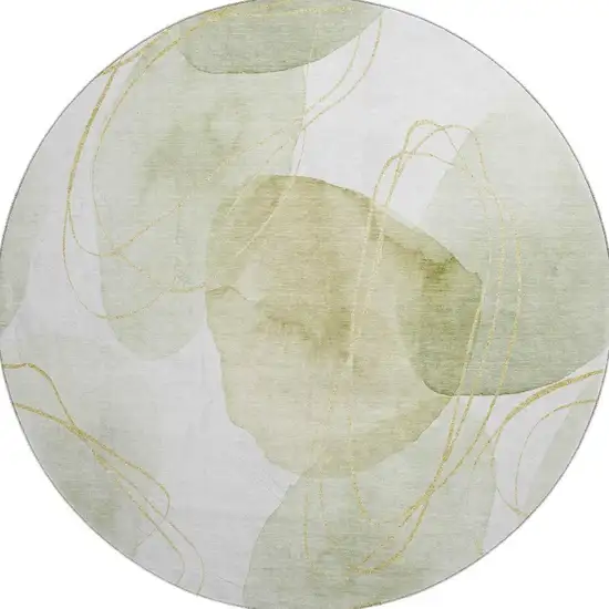 8' Green Gold And Ivory Abstract Washable Round Rug With UV Protection Photo 4