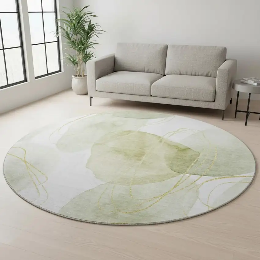8' Green Gold And Ivory Abstract Washable Round Rug With UV Protection Photo 2