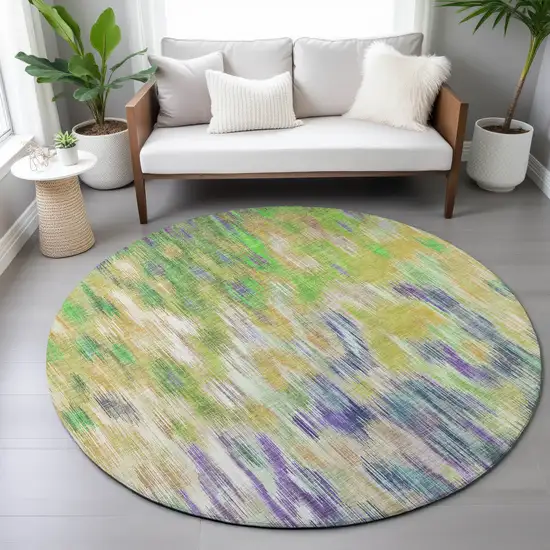 8' Green Gold And Ivory Round Abstract Washable Indoor Outdoor Area Rug Photo 7
