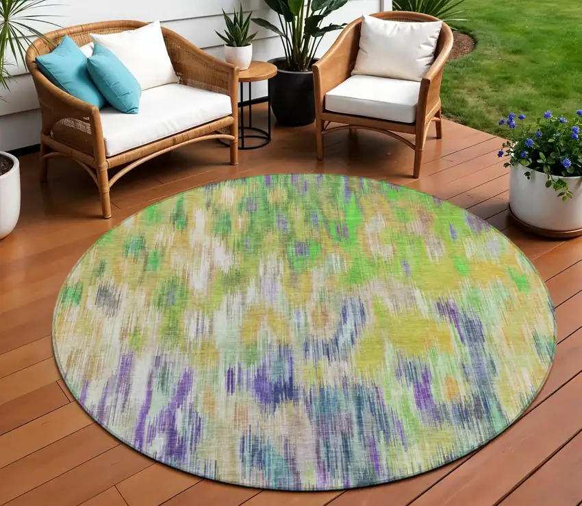8' Green Gold And Ivory Round Abstract Washable Indoor Outdoor Area Rug Photo 2