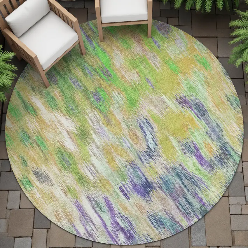 8' Green Gold And Ivory Round Abstract Washable Indoor Outdoor Area Rug Photo 6