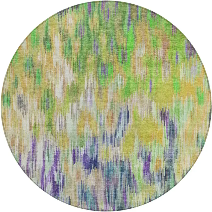 8' Green Gold And Ivory Round Abstract Washable Indoor Outdoor Area Rug Photo 1