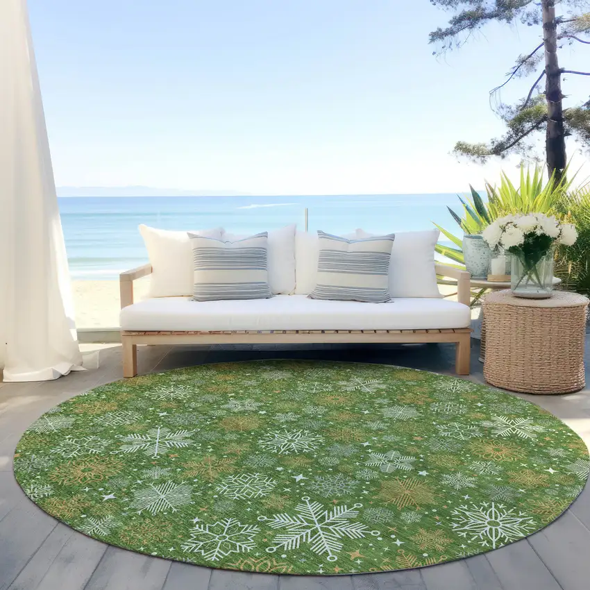 8' Green Gold And Ivory Round Medallion Washable Indoor Outdoor Area Rug Photo 5