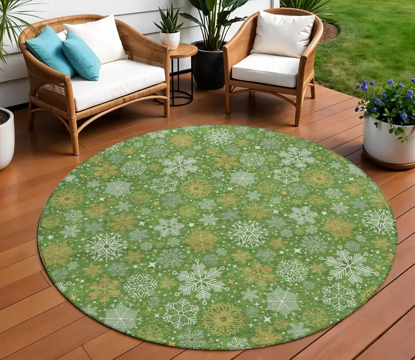 8' Green Gold And Ivory Round Medallion Washable Indoor Outdoor Area Rug Photo 2