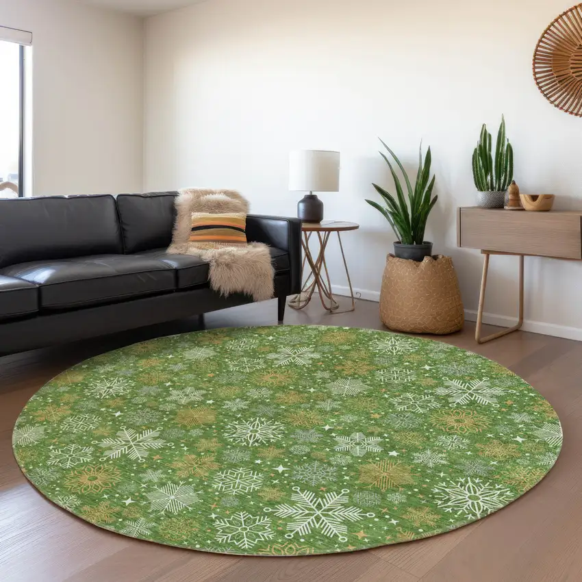 8' Green Gold And Ivory Round Medallion Washable Indoor Outdoor Area Rug Photo 6
