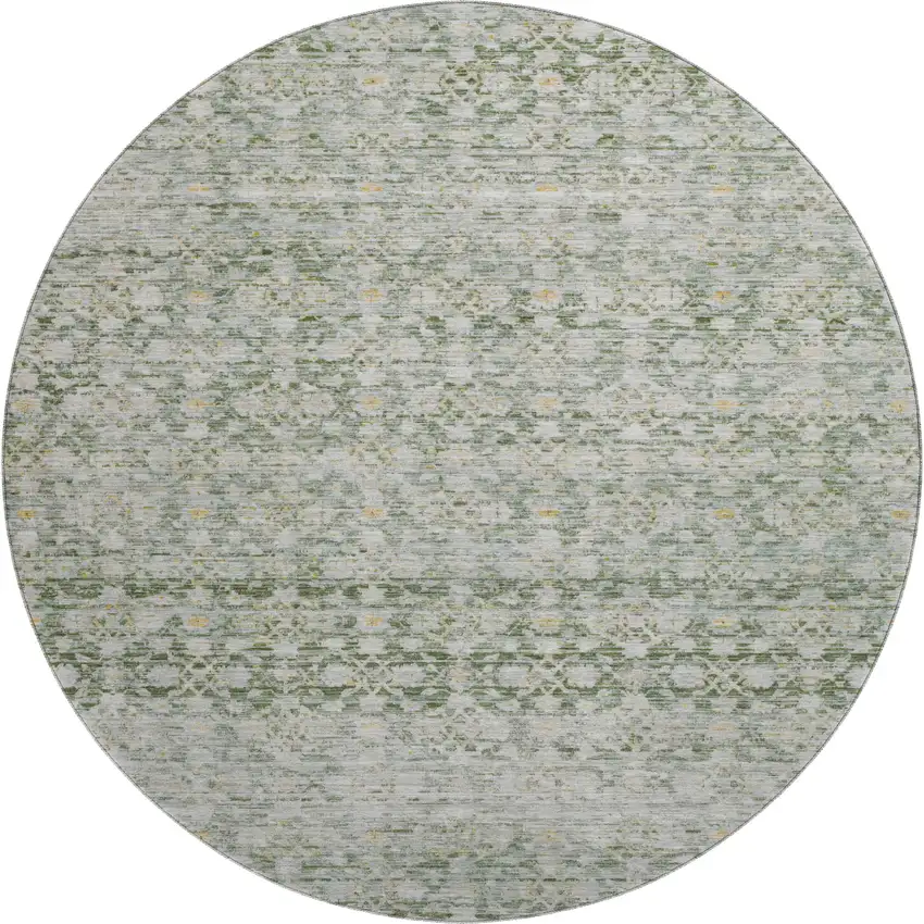 8' Green Gold And Ivory Striped Washable Round Rug With UV Protection Photo 1