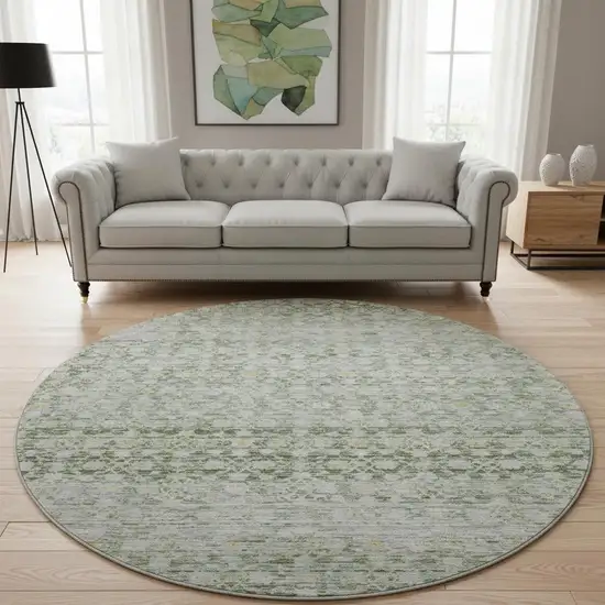 8' Green Gold And Ivory Striped Washable Round Rug With UV Protection Photo 2
