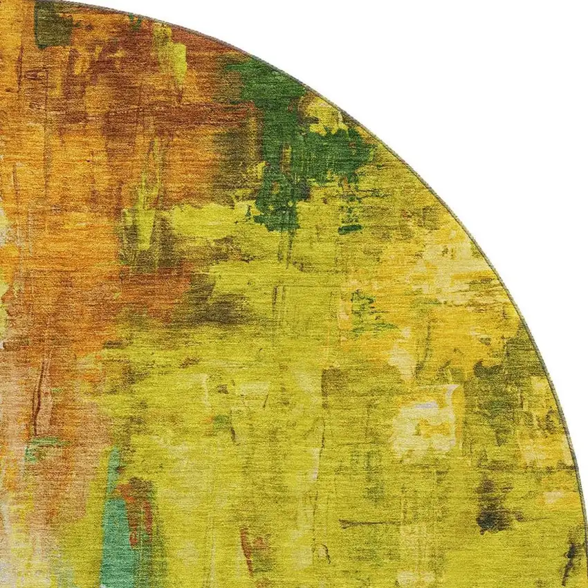 8' Green Gold And Orange Abstract Washable Round Rug With UV Protection Photo 4