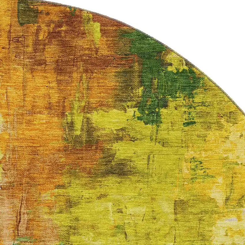 8' Green Gold And Orange Abstract Washable Round Rug With UV Protection Photo 3