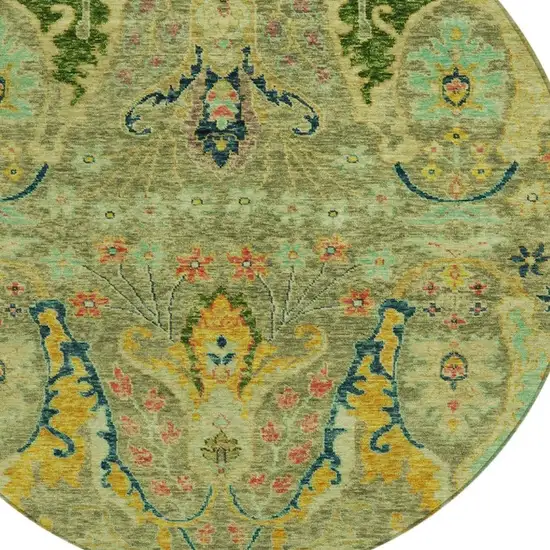 8' Green Gold And Pink Round Floral Washable Indoor Outdoor Area Rug Photo 4