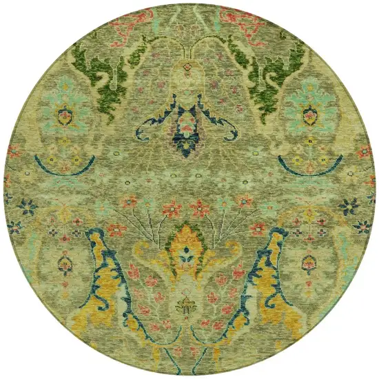 8' Green Gold And Pink Round Floral Washable Indoor Outdoor Area Rug Photo 3