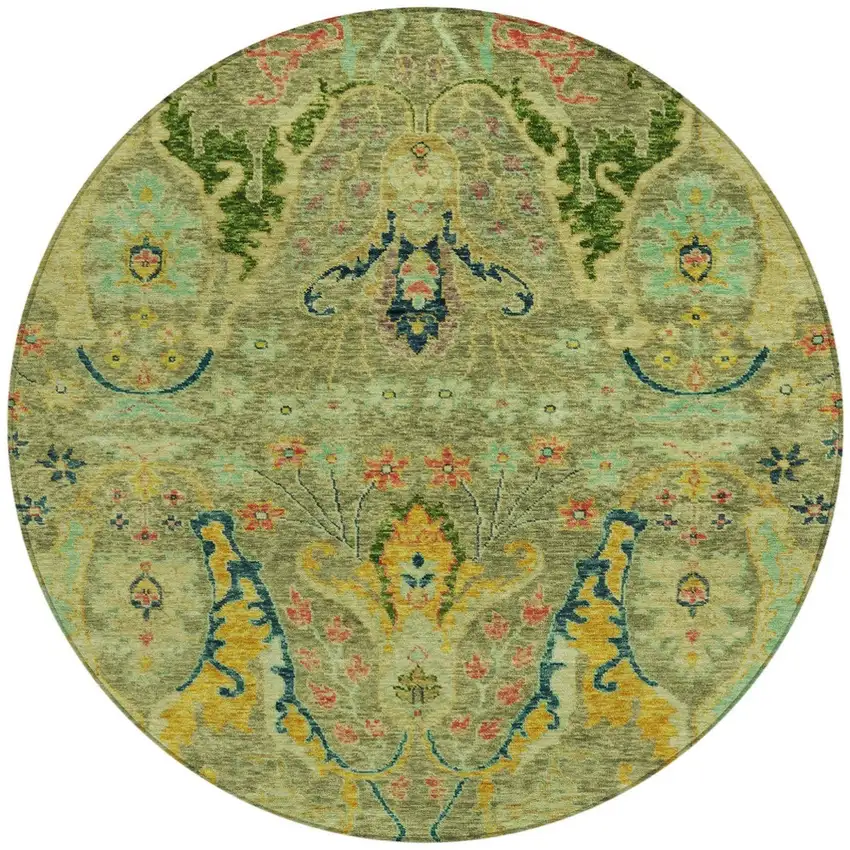 8' Green Gold And Pink Round Floral Washable Indoor Outdoor Area Rug Photo 3