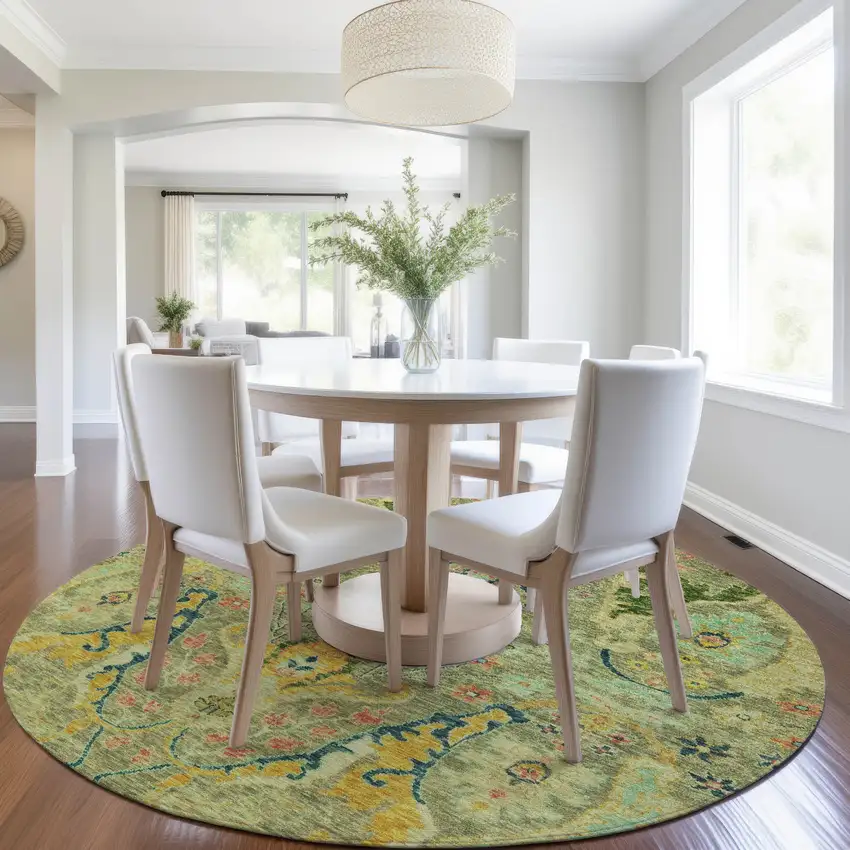 8' Green Gold And Pink Round Floral Washable Indoor Outdoor Area Rug Photo 6