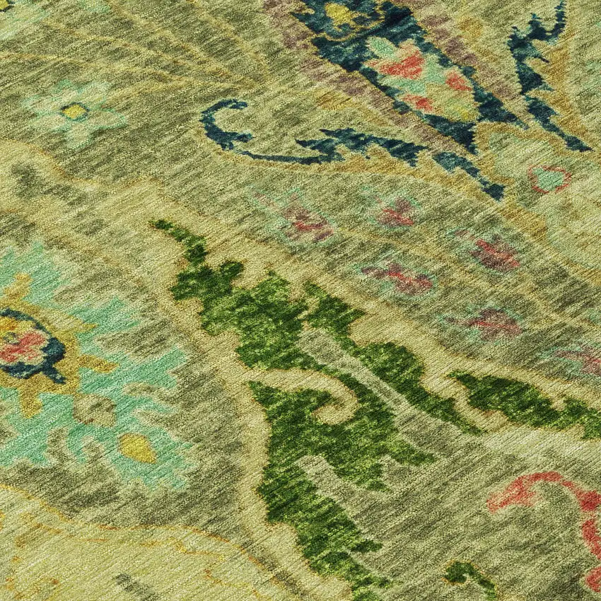 8' Green Gold And Pink Round Floral Washable Indoor Outdoor Area Rug Photo 9