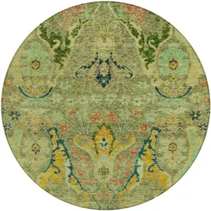 Photo of 8' Green Gold And Pink Round Floral Washable Indoor Outdoor Area Rug