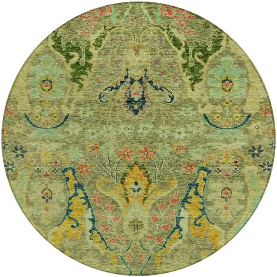 8' Green Gold And Pink Round Floral Washable Indoor Outdoor Area Rug Photo 1