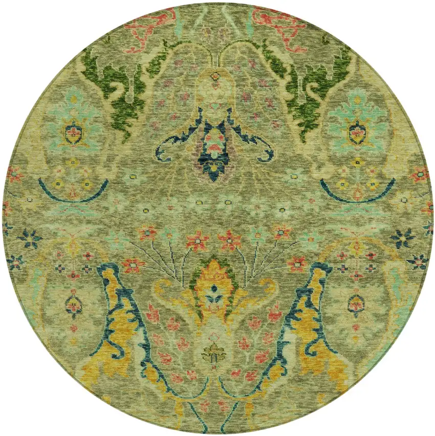 8' Green Gold And Pink Round Floral Washable Indoor Outdoor Area Rug Photo 1