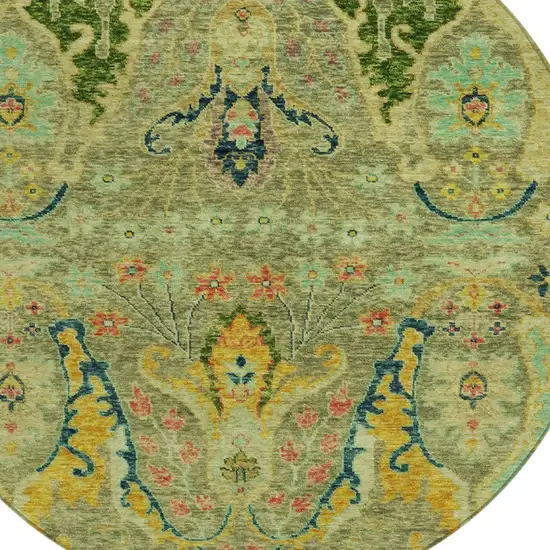 8' Green Gold And Pink Round Floral Washable Indoor Outdoor Area Rug Photo 8