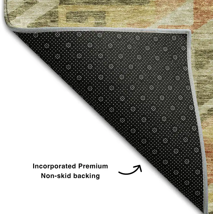 8' Green Gold And Salmon Geometric Washable Round Rug With UV Protection Photo 5