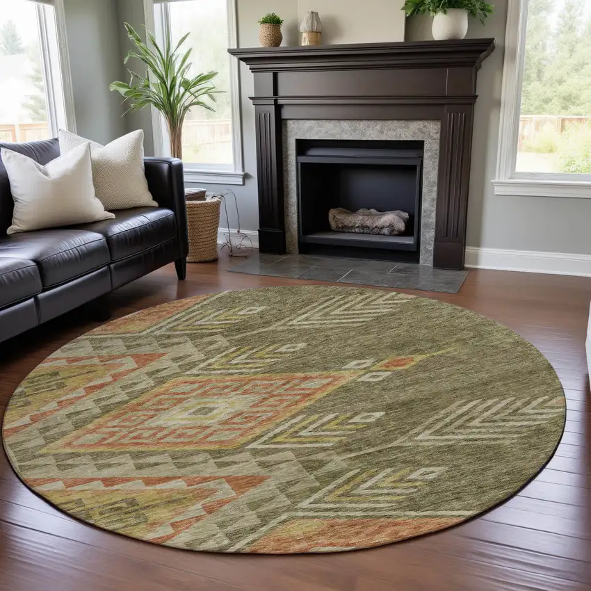 8' Green Gold And Salmon Geometric Washable Round Rug With UV Protection Photo 4