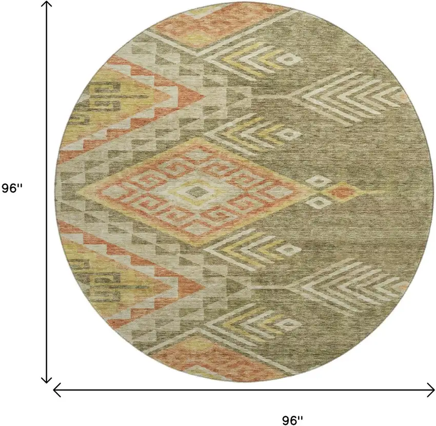 8' Green Gold And Salmon Geometric Washable Round Rug With UV Protection Photo 9