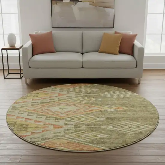 8' Green Gold And Salmon Geometric Washable Round Rug With UV Protection Photo 2
