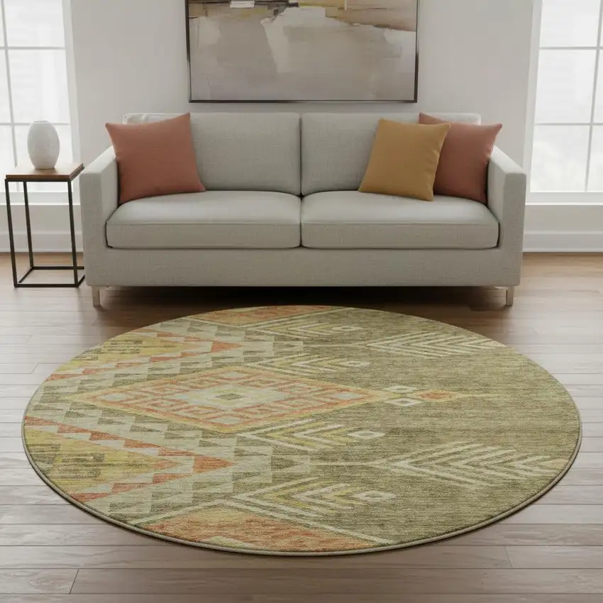 8' Green Gold And Salmon Geometric Washable Round Rug With UV Protection Photo 2