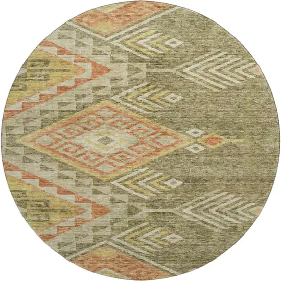 8' Green Gold And Salmon Geometric Washable Round Rug With UV Protection Photo 1