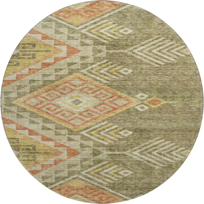 8' Green Gold And Salmon Geometric Washable Round Rug With UV Protection Photo 1