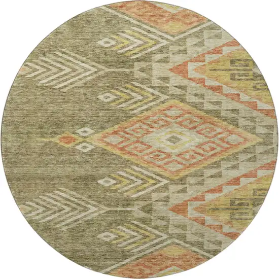 8' Green Gold And Salmon Geometric Washable Round Rug With UV Protection Photo 3