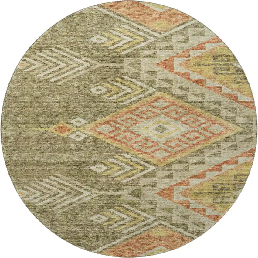8' Green Gold And Salmon Geometric Washable Round Rug With UV Protection Photo 3