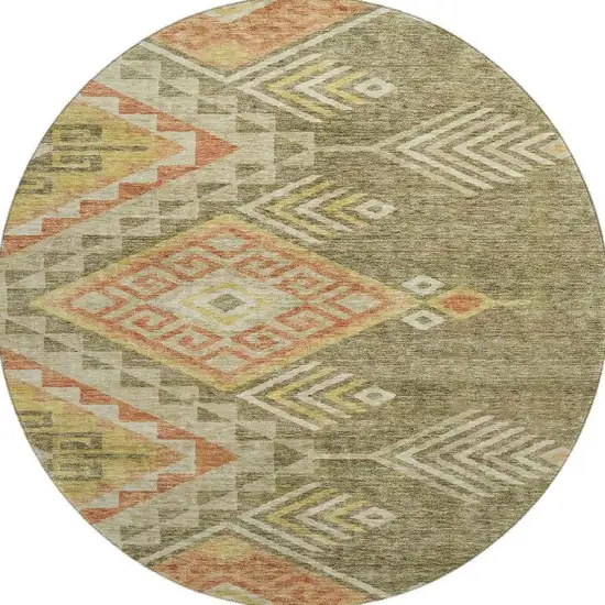 8' Green Gold And Salmon Geometric Washable Round Rug With UV Protection Photo 2