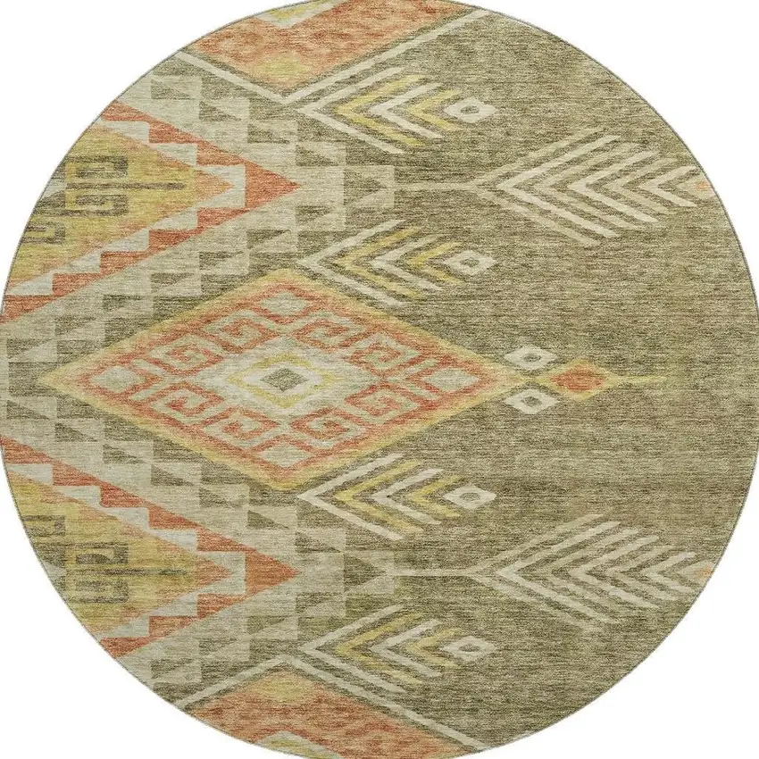 8' Green Gold And Salmon Geometric Washable Round Rug With UV Protection Photo 2