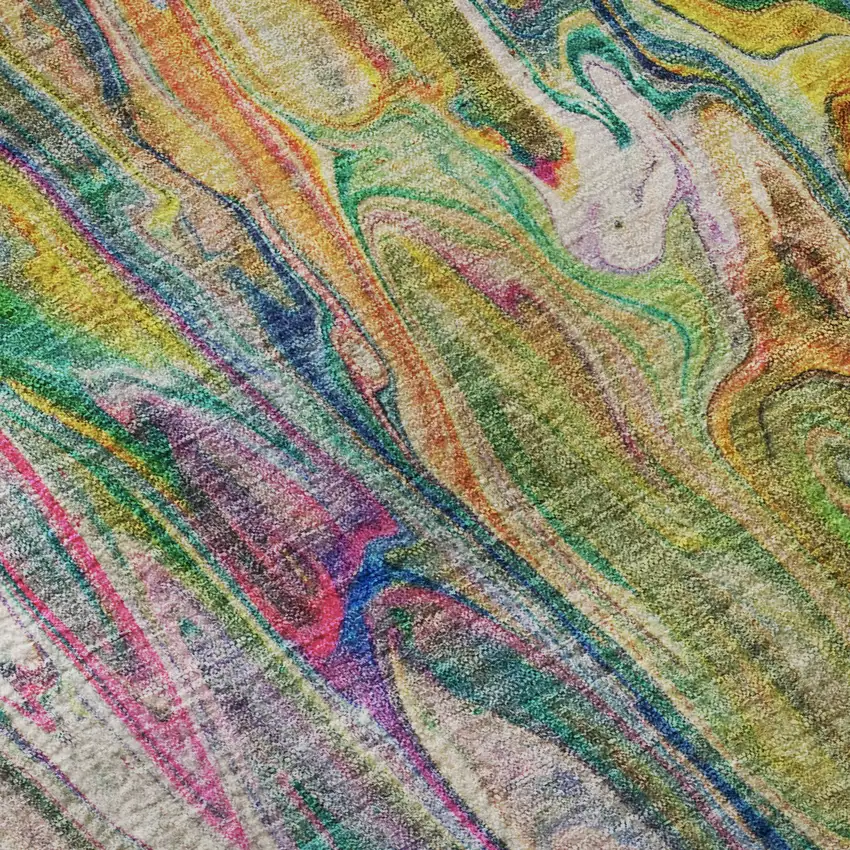 8' Green Gold And Teal Abstract Washable Round Rug With UV Protection Photo 9