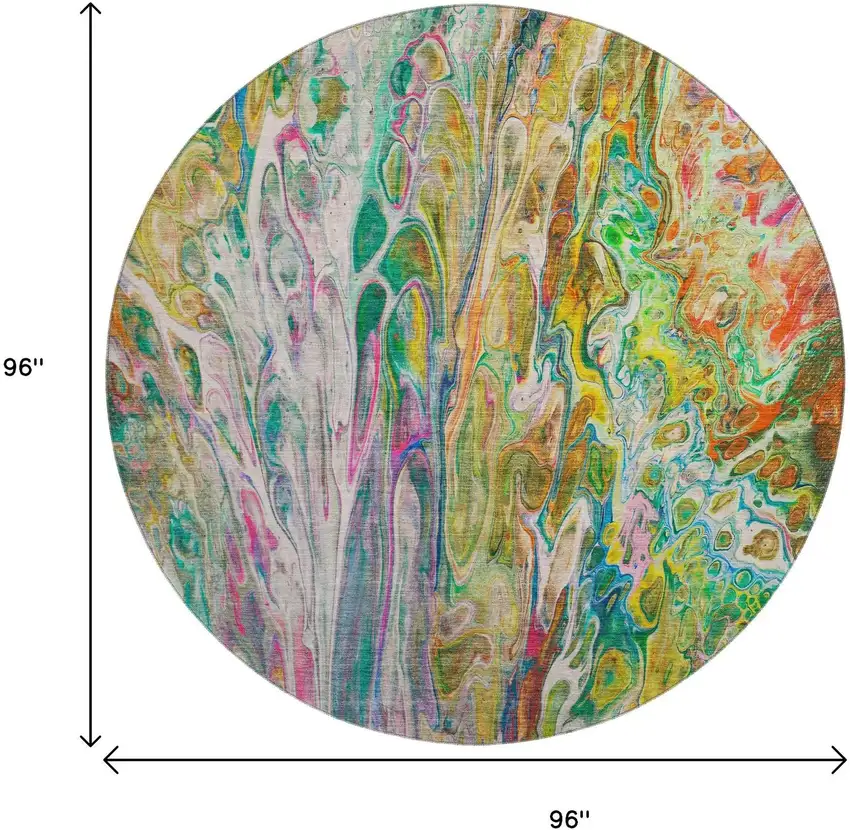 8' Green Gold And Teal Abstract Washable Round Rug With UV Protection Photo 3